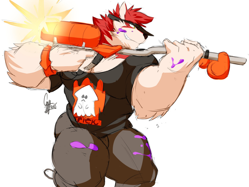 anthro canine clothed clothing colored_sketch daikitei gun male mammal muscular muscular_male ranged_weapon simple_background smile solo standing weapon white_background