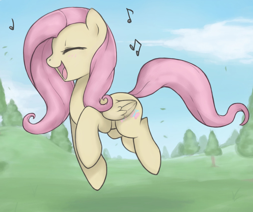 blush cloud clouds cutie_mark equine eyes_closed female feral fluttershy_(mlp) friendship_is_magic fur grass hair horse mammal my_little_pony notes open_mouth pegasus pink_hair pony singing sky smile soulspade tongue tree walking wings yellow_fur