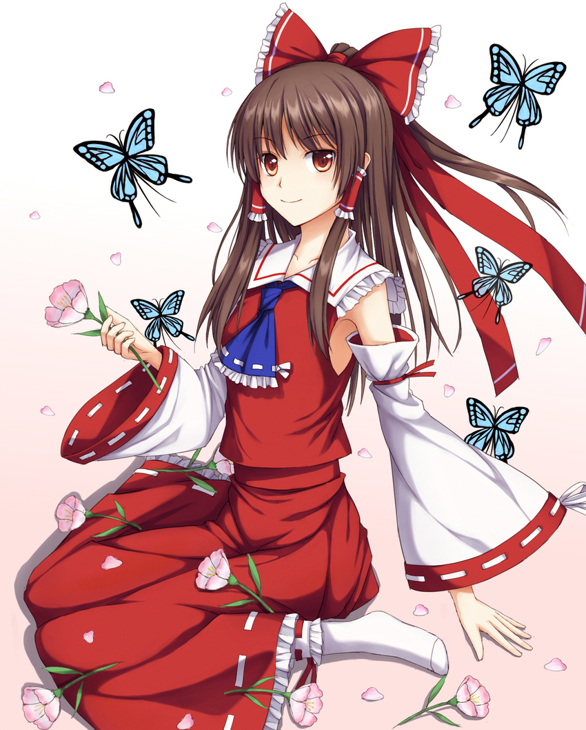 ascot blush bow brown_hair bug butterfly detached_sleeves flower hair_bow hair_tubes hakurei_reimu highres insect long_hair petals red_eyes ribbon sitting skirt smile solo take5321 touhou