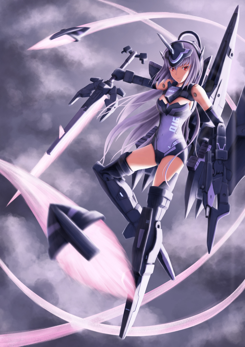 absurdres armor arnval_mk2_tempesta bare_shoulders blurry body_parts breasts busou_shinki cleavage closed_mouth cloud doll_joints elbow_gloves expressionless eyebrows firearm flying full_body gloves gun hands headgear heaven highres holding holding_sword holding_weapon knee_up lavender_hair leg_up leotard long_hair looking_down machinery mecha_musume mechanical_arms mechanical_legs mechanical_parts mechanical_wings medium_breasts missile navel nose number open_eyes purple_hair purple_leotard red_eyes screw shiny simple_background smoke_trail solo sword tempesta tkfkid very_long_hair weapon wings
