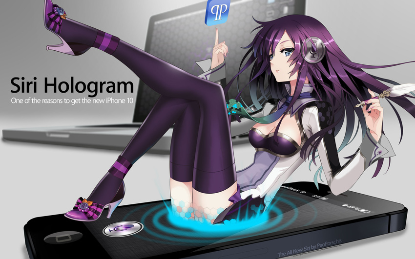 an2a apple_inc. bangs blue_eyes breasts cellphone cleavage cleavage_cutout english expressionless grey_background headphones high_heels highres icon iphone jpeg_artifacts leg_up legs long_hair long_sleeves medium_breasts nail_polish necktie pen phone purple_hair purple_legwear quill shoes simple_background siri sitting smartphone solo thighhighs wallpaper zettai_ryouiki