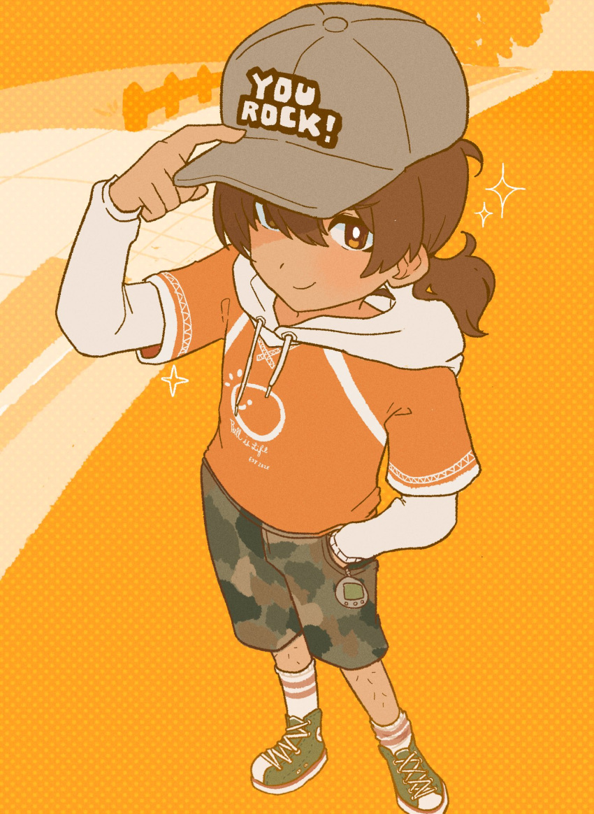 1boy arm_up baseball_cap bright_pupils brown_eyes brown_hair camouflage camouflage_shorts closed_mouth commentary dark-skinned_male dark_skin green_shoes grey_hat hat highres hood hood_down hoodie kel_(birthday)_(omori) kel_(faraway)_(omori) kel_(omori) leg_hair long_sleeves looking_at_viewer low_ponytail male_focus mewowem_omo omori orange_hoodie ponytail shoes short_hair short_ponytail shorts smile sneakers socks solo symbol-only_commentary white_pupils white_socks