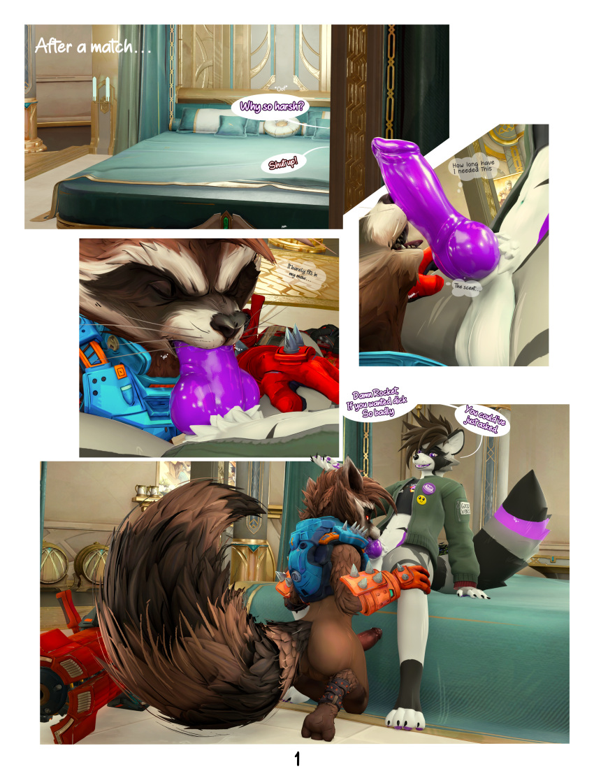 5_fingers absurd_res armor back_markings balls bed bed_sheet bedding bedroom blowjob_face bottomless brown_body brown_fur brown_hair brown_penis brown_skin butt chest_markings claws close-up clothed clothing comic comic_panel dark_body dialogue ear_piercing eyes_closed fingers fluffy fluffy_tail fur furniture genitals gloves grey_body grey_fur guardians_of_the_galaxy hair hand_on_leg handwear hi_res knot knotted_penis kvn_poulsen kvnpoulsen licking low-angle_view male mammal markings marvel mohawk multicolored_body multicolored_fur multicolored_tail oral penile penis penis_in_mouth penis_lick piercing procyonid purple_eyes purple_insides purple_penis purple_tongue raccoon rear_view red_eyes rocket_raccoon sex shaft_licking smug speech_bubble squinted_eyes tail tongue topwear topwear_only