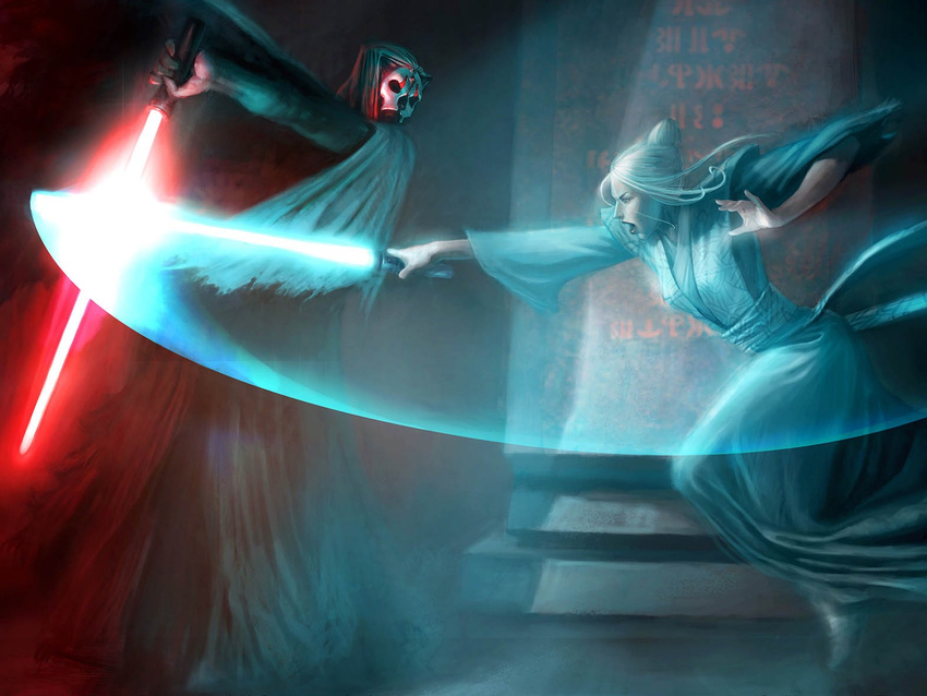 darth_nihilus duel female jedi knights_of_the_old_republic lightsaber male sith star_wars sword weapon