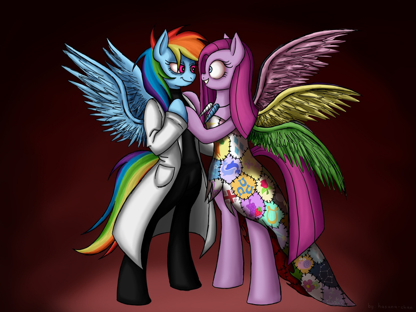 clothed clothing coat cupcakes_(mlp_fanfic) cutie_mark dress duo equine female friendship_is_magic hair hasana-chan horn horse insane lesbian mammal multi-colored_hair my_little_pony necklace pegasus pink_hair pinkamena_(mlp) pinkie_pie_(mlp) pony purple_eyes rainbow_dash_(mlp) rainbow_factory_(mlp_fanfic) rainbow_hair standing wings