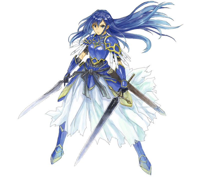 absurdres armor armored_dress blue_eyes blue_hair boots braid cocoroten dual_wielding earrings floating_hair gauntlets greaves half_updo highres holding jewelry knight long_hair long_skirt original pauldrons sheath side_braid simple_background skirt solo sword weapon white_background