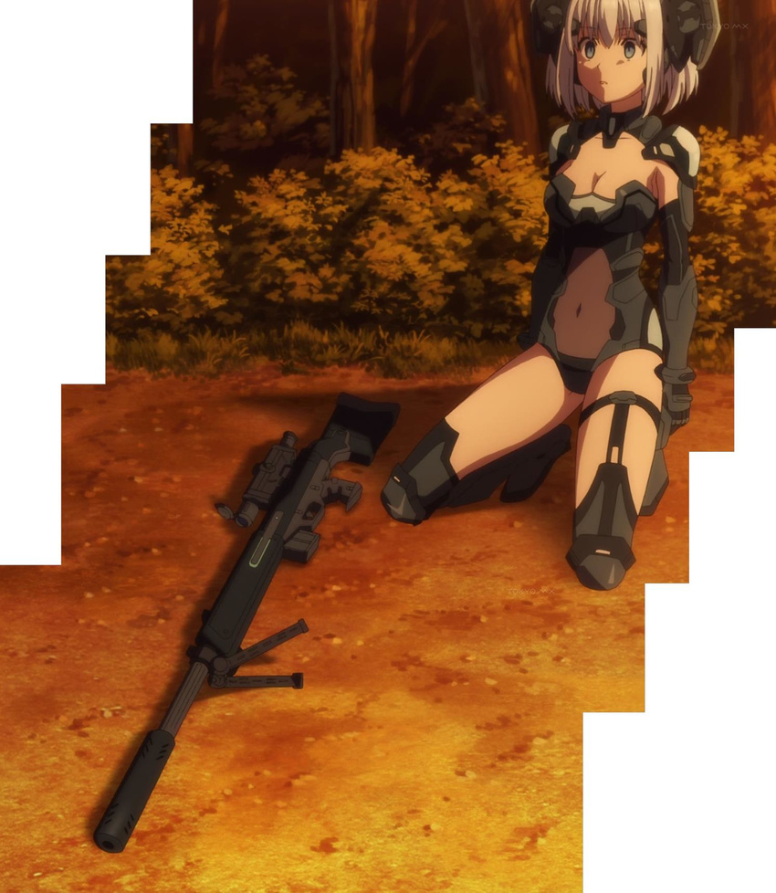 armor blue_eyes boots breasts cleavage date_a_live forest highres kneeling nature sad screencap short_hair silver_hair sniper solo sunset tobiichi_origami