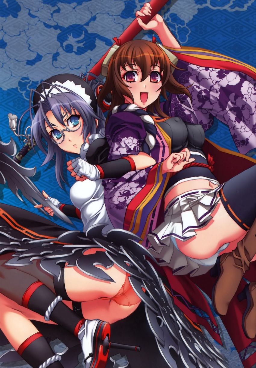 2girls absurdres back-to-back bandage blade blue_eyes blue_hair boots brown_hair glasses hat hattori_hanzou_(hyakka_ryouran) highres hyakka_ryouran_samurai_girls japanese_clothes long_sleeves multiple_girls navel nishii_(nitroplus) panties pole red_eyes red_panties skirt thighhighs tokugawa_sen underwear white_panties