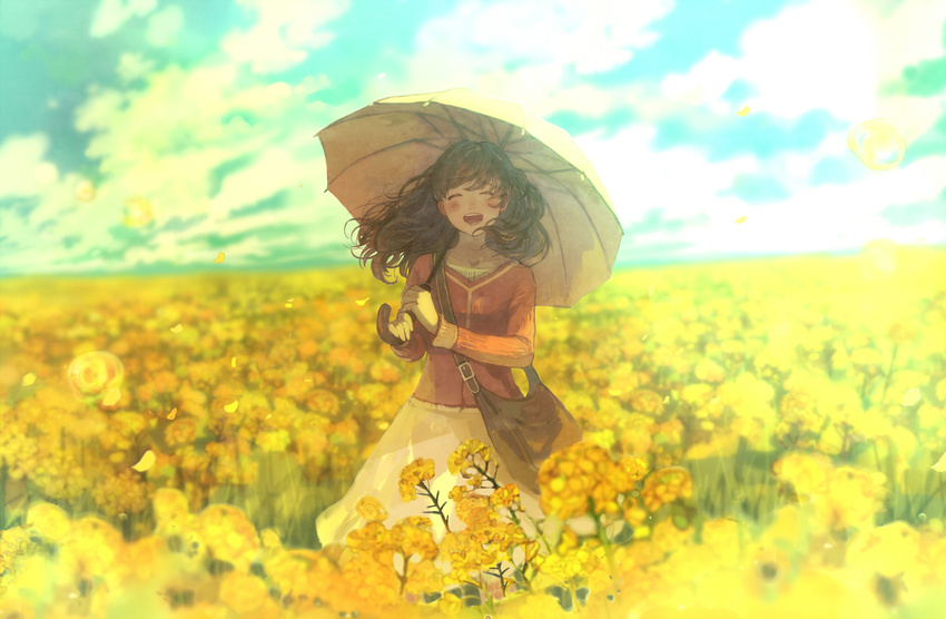 :d ^_^ bag blurry blush brown_hair bubble closed_eyes cloud day depth_of_field field flower flower_field happy holding open_mouth original parasol pon_(cielo) rapeseed_blossoms revision shade skirt sky smile solo teeth umbrella water_drop wind yellow yellow_umbrella