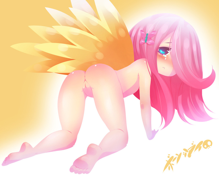 all_fours anus arthropod blush born-to-die butt butterfly child crying female fluttershy_(mlp) friendship_is_magic hair hindpaw human humanized insect looking_at_viewer looking_back mammal my_little_pony not_furry nude paws pussy simple_background solo tears text wings young