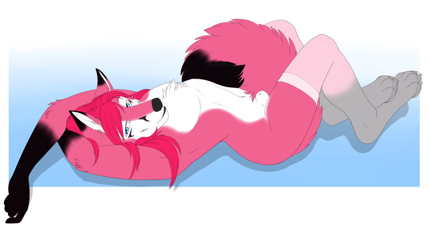 accelo anthro arms_above_head ashley black_fur black_nose blue_eyes canine claws fox fur hair hindpaw legwear long_hair looking_at_viewer lying male mammal nude on_back paws penis pink_fur pink_hair pose sheath smile solo stockings white_fur