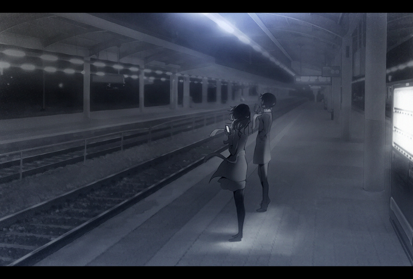 bad_id bad_pixiv_id cellphone from_behind greyscale highres ladic letterboxed long_hair monochrome multiple_girls night original pantyhose pavement phone railroad_tracks scarf short_hair train_station vending_machine wind