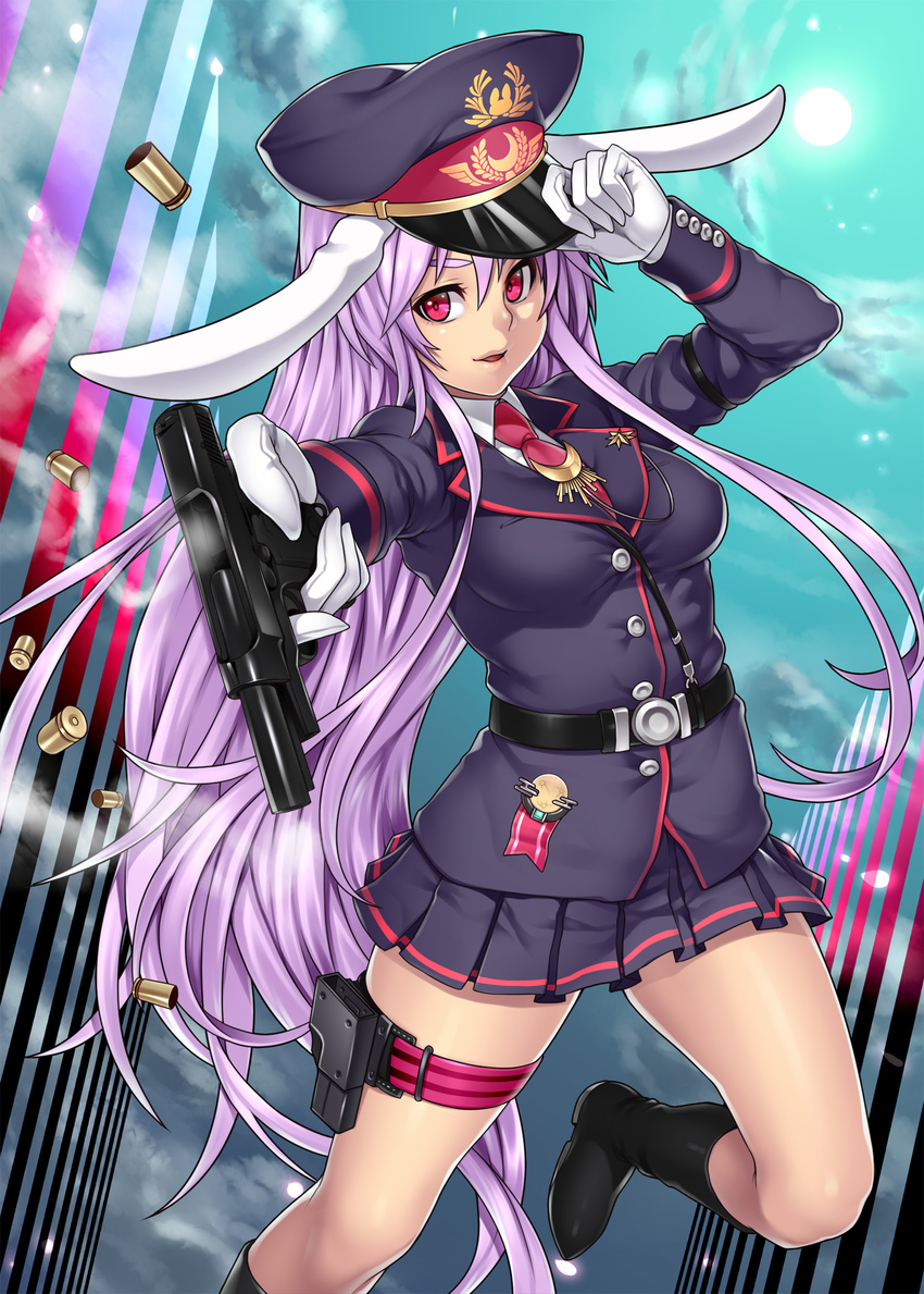 alternate_costume animal_ears boots breasts bunny_ears casing_ejection eyebrows gun handgun highres holster houtengeki large_breasts locked_slide long_hair looking_at_viewer military military_uniform necktie parted_lips pistol purple_hair red_eyes red_neckwear reisen_udongein_inaba shell_casing skirt smile solo thigh_holster touhou uniform very_long_hair weapon