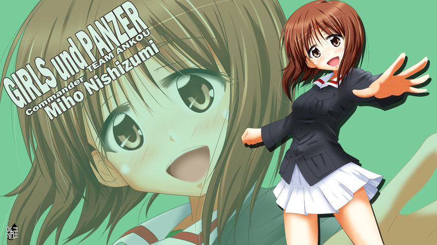 blush brown_eyes brown_hair character_name copyright_name english foreshortening girls_und_panzer highres jacket long_sleeves looking_at_viewer mikuri_ouda military military_uniform miniskirt nishizumi_miho ooarai_military_uniform open_mouth pleated_skirt skirt smile solo standing uniform wallpaper white_skirt zoom_layer