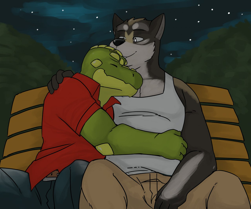 alligator biceps canine clothing couple cuddling eyes_closed fur gay genchi hug male pants pose reptile rondo scalie shirt sitting tyins_darkwulf wolf