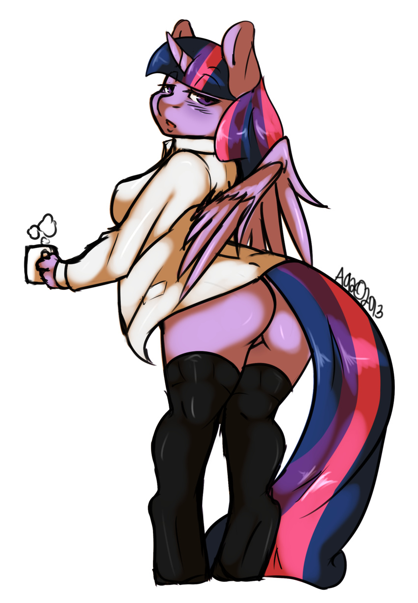 anthro anthrofied avante92 blush bottomless butt clothing cup equine female friendship_is_magic hair horn horse legwear looking_at_viewer looking_back mammal multi-colored_hair my_little_pony plain_background pony purple_eyes shirt solo standing steam stockings twilight_sparkle_(mlp) white_background winged_unicorn wings