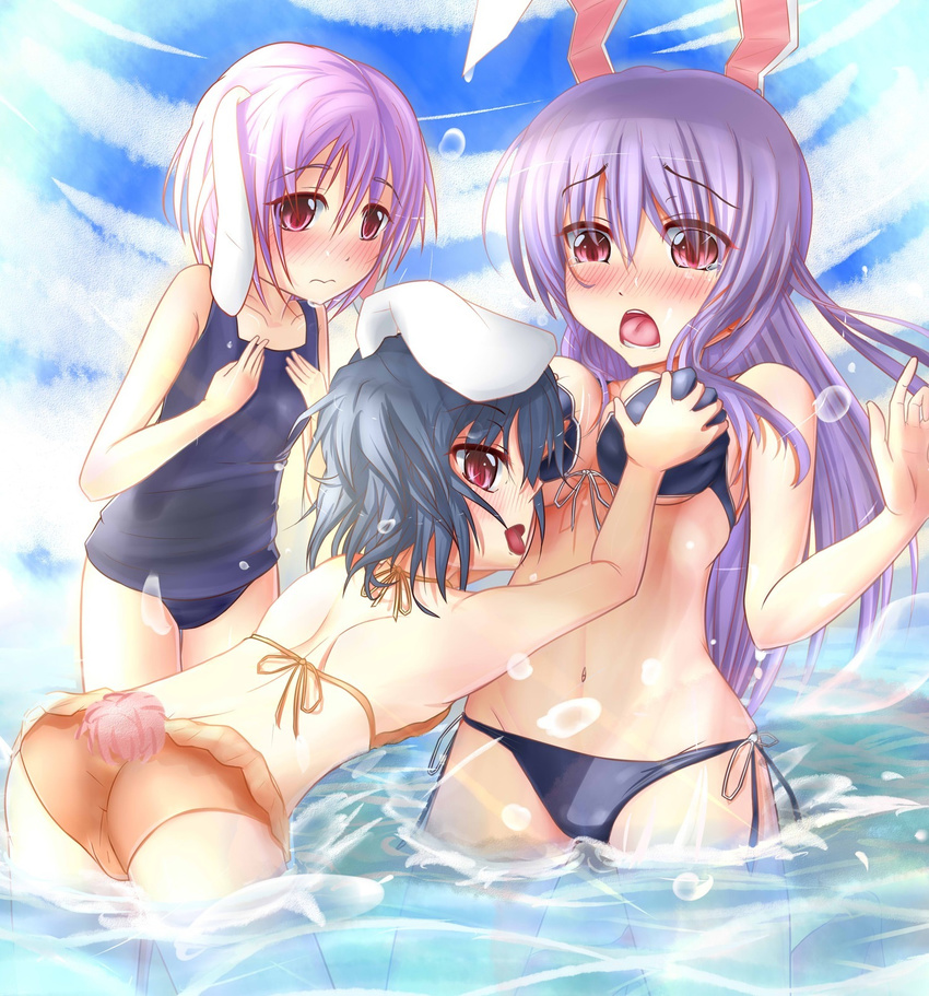 3girls animal_ears ass bent_over bikini black_hair breast_envy breast_grab breasts bullying bunny_ears bunny_tail darren embarrassed female front-tie_top grabbing highres inaba_tewi long_hair multiple_girls navel one-piece_swimsuit open_mouth purple_hair red_eyes reisen reisen_udongein_inaba school_swimsuit short_hair side-tie_bikini swimsuit tail tongue touhou wading