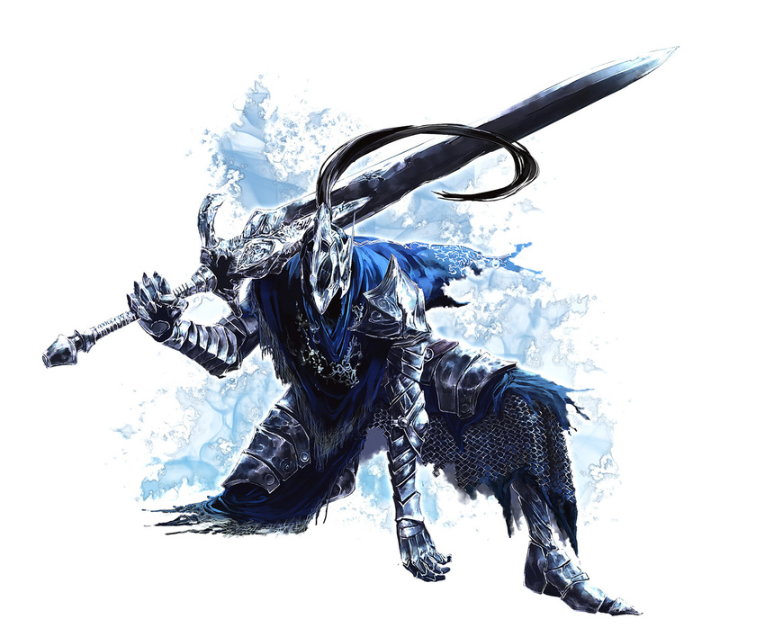 armor artorias_the_abysswalker cape dark_souls full_armor gauntlets greaves helmet male_focus one_knee over_shoulder pauldrons plume ruuto_(sorufu) simple_background solo souls_(from_software) sword weapon weapon_over_shoulder