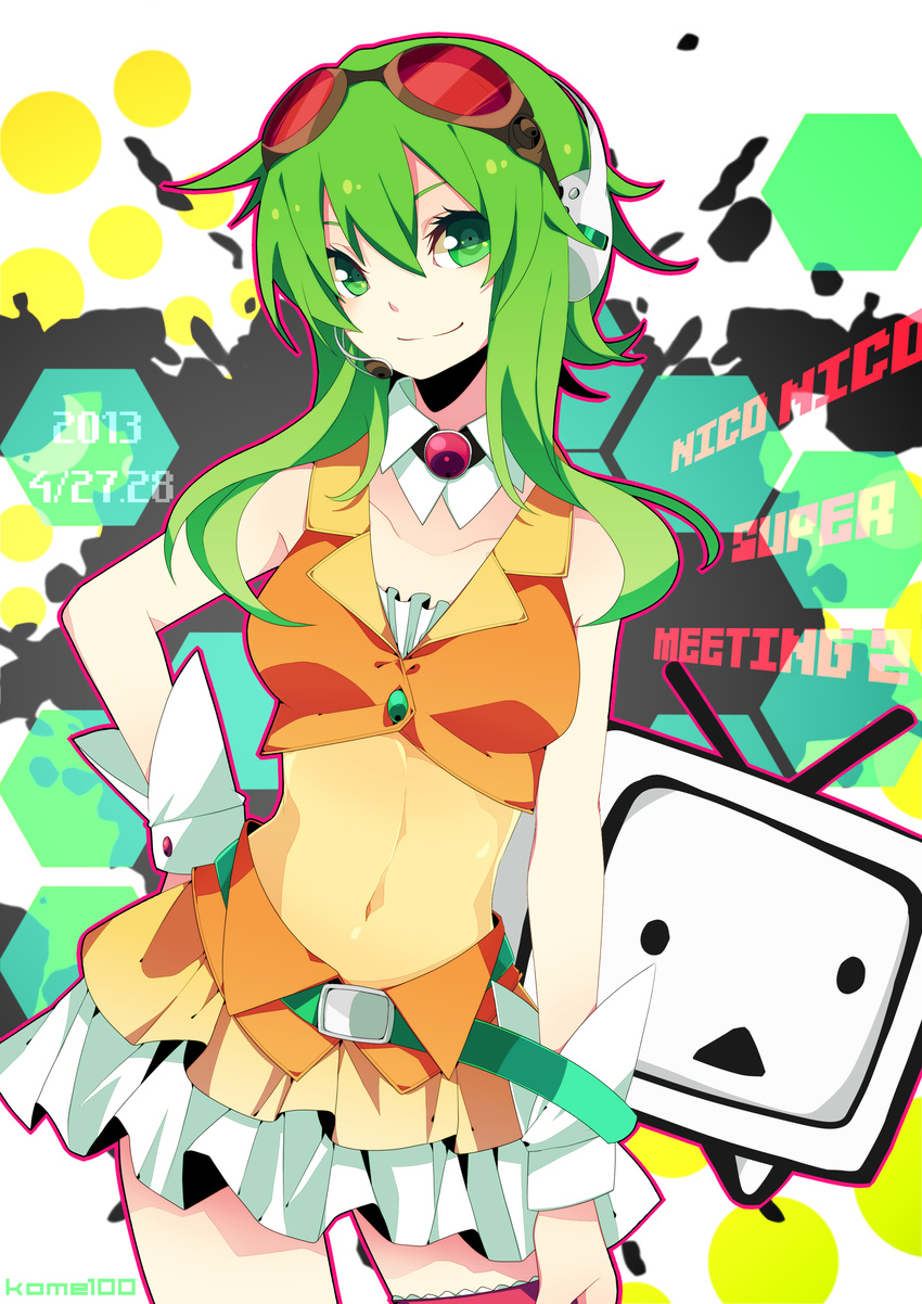 2013 :&lt; absurdres antennae artist_name belt contrapposto crop_top dated english goggles goggles_on_head green_eyes green_hair gumi hand_on_hip headphones headset highres leg_garter looking_at_viewer merlusa midriff navel niconico short_hair short_hair_with_long_locks sidelocks skirt smile standing tareme television terebi-chan vocaloid wrist_cuffs
