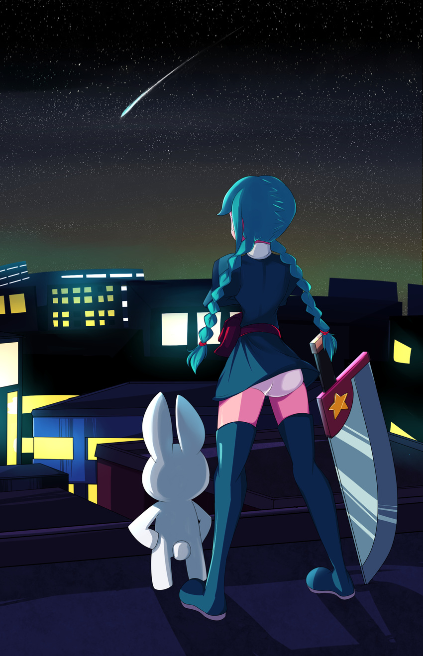 absurdres annie_(skullgirls) ass bad_id bad_pixiv_id belt belt_pouch boots braid cityscape crossed_arms dress from_behind green_hair highres panties pantyshot pantyshot_(standing) pouch sagan_(skullgirls) shooting_star short_dress shotlancer skullgirls sky standing star star_(sky) starry_sky stuffed_animal stuffed_bunny stuffed_toy sword thigh_boots thighhighs twin_braids underwear weapon white_panties