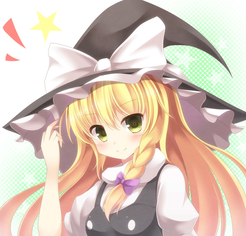 aibumi bad_id bad_pixiv_id black_dress blonde_hair blush bow braid dress green_eyes hair_bow hat hat_bow highres kirisame_marisa long_hair looking_at_viewer puffy_sleeves shirt short_sleeves single_braid smile solo star touhou upper_body white_bow witch_hat