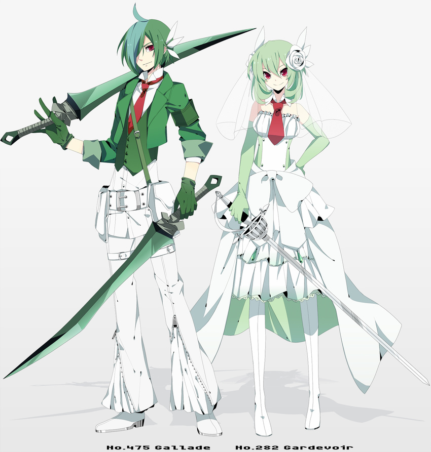 1girl armband bare_shoulders belt breasts character_name commentary_request dual_wielding elbow_gloves flower full_body gallade gardevoir gen_3_pokemon gen_4_pokemon gloves green_hair hair_flower hair_ornament hair_over_one_eye hand_on_hip highres holding holding_sword holding_weapon humanization large_breasts long_sleeves looking_at_viewer merlusa multicolored_hair necktie personification pigeon-toed pokemon rapier red_eyes red_neckwear rose shadow short_hair smile standing sword two-tone_hair unsheathed veil weapon white_flower white_rose zipper