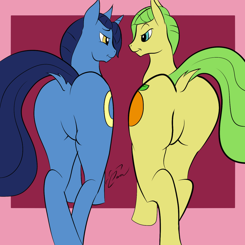 blue_hair butt crescent_(mlp) cutie_mark duo equine featureless_crotch feral friendship_is_magic fur green_hair hair horn horse magnificent-arsehole male mammal my_little_pony night_light nude plain_background pony presenting raised_tail simple_background smile uncle_orange uncle_orange_(mlp) unicorn yellow_eyes yellow_fur