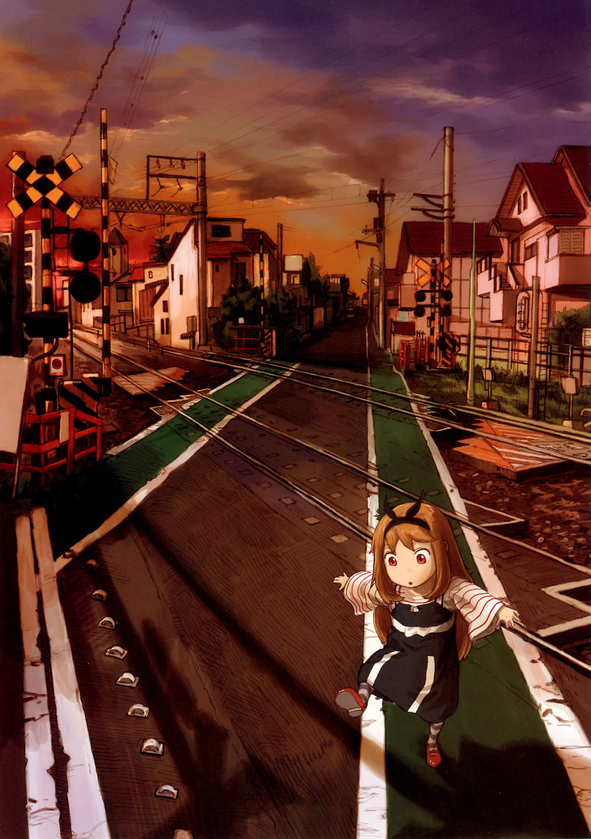 1girl :o abe_yoshitoshi absurdres ahoge black_dress brown_hair building child cloud dress evening hairband highres house long_hair long_sleeves non-web_source original outdoors outstretched_arms power_lines railroad_crossing railroad_tracks red_eyes red_footwear road scenery shirt shoe_soles shoes sky solo standing standing_on_one_leg street striped_clothes striped_shirt sunset utility_pole white_shirt