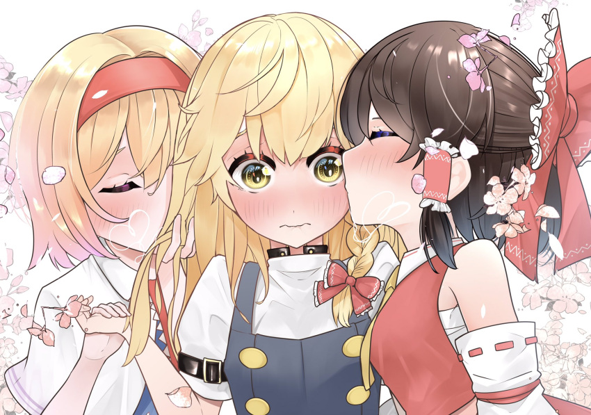 3girls alice_margatroid ascot blonde_hair blush bow braid brown_hair capelet chest_sarashi choker closed_eyes closed_mouth commentary detached_sleeves falling_petals flower frilled_bow frilled_hair_tubes frills hair_bow hair_tubes hairband hakurei_reimu hand_in_another's_hair heart highres holding_hands kirisame_marisa kiss kiss_day long_hair multiple_girls no_headwear nodoguro_(phi-tan) petals pink_flower pink_petals red_bow red_hairband ribbon-trimmed_sleeves ribbon_trim sarashi short_hair short_sleeves side_braid single_braid touhou white_capelet yellow_ascot yellow_eyes yuri