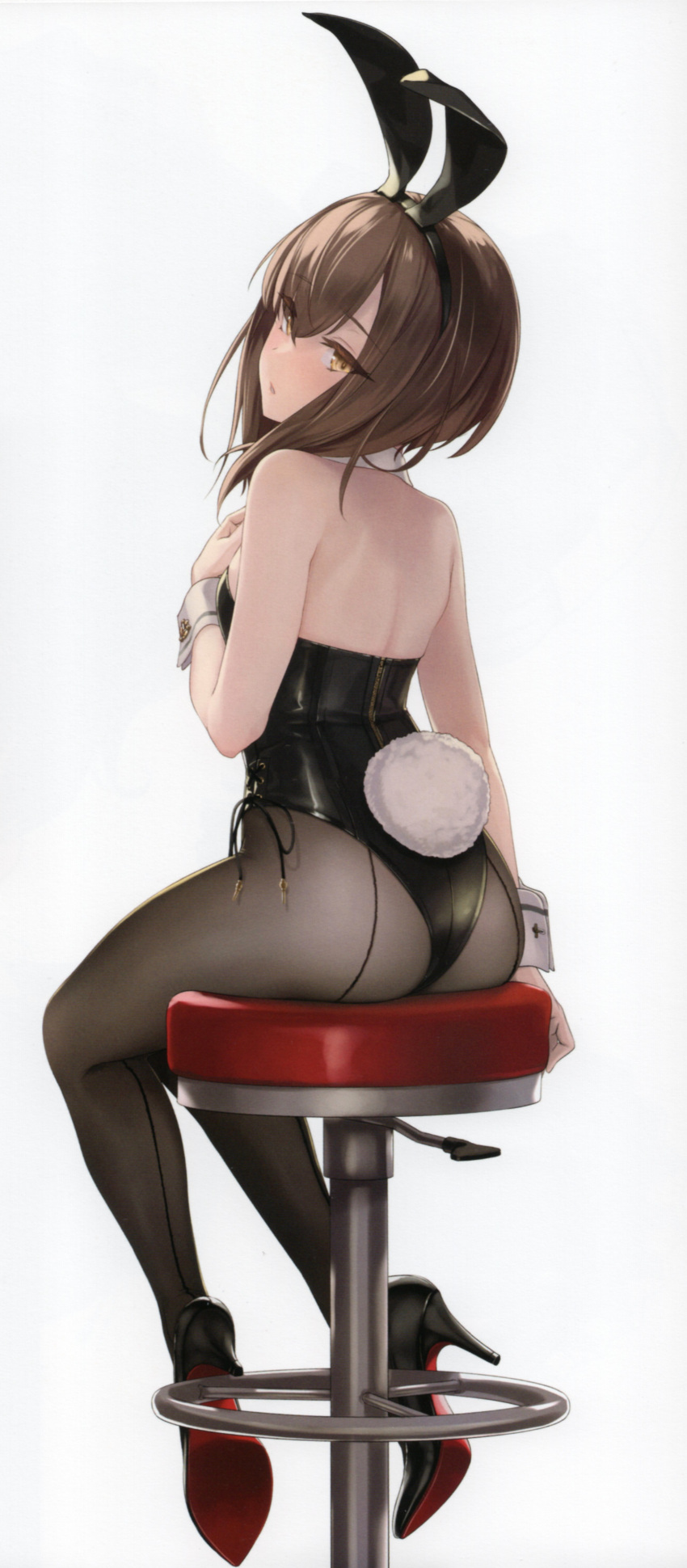 1girl absurdres alternate_costume animal_ears ass back bare_shoulders black_footwear black_leotard black_pantyhose blush breasts brown_eyes brown_hair detached_collar fake_animal_ears fake_tail from_behind full_body hair_between_eyes high_heels highres kantai_collection leotard looking_at_viewer looking_back non-web_source on_stool pantyhose parted_lips playboy_bunny rabbit_ears rabbit_tail rokuwata_tomoe scan short_hair side-tie_leotard simple_background sitting solo stool strapless strapless_leotard taihou_(kancolle) tail white_background wrist_cuffs