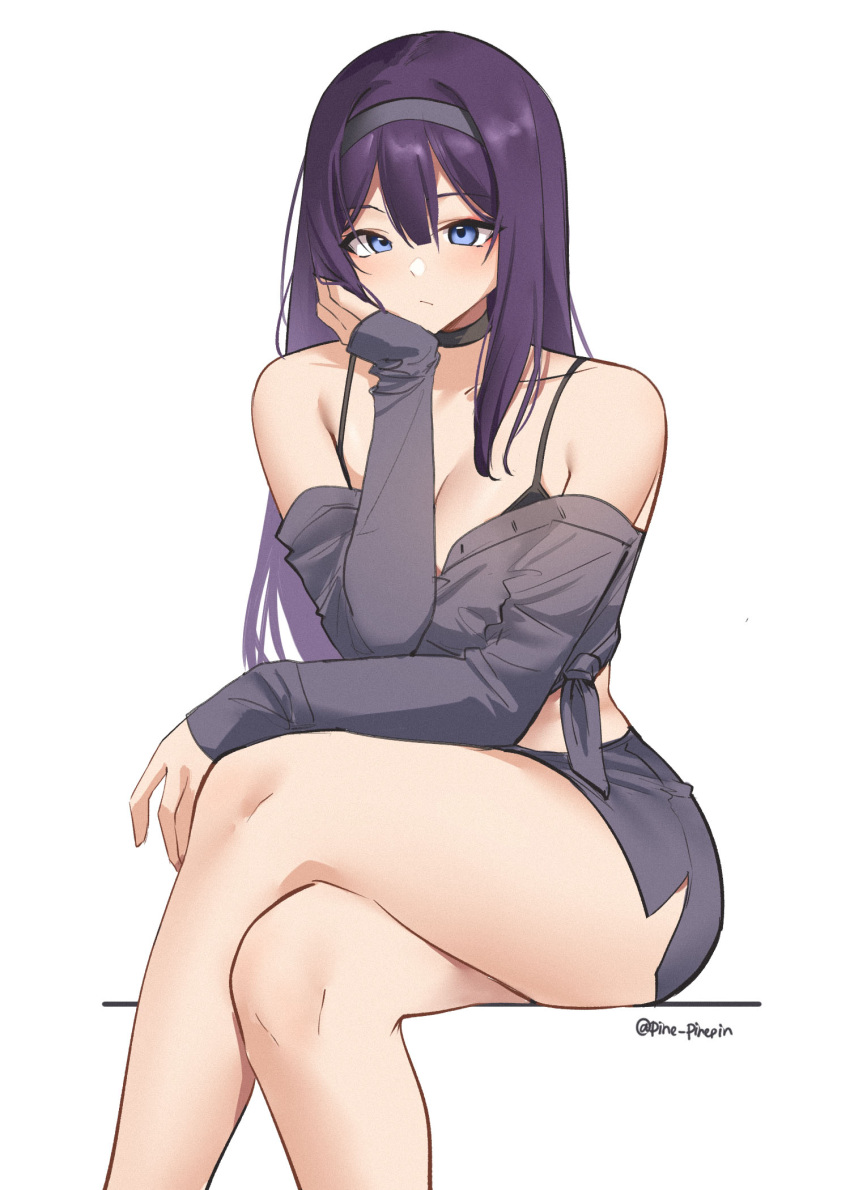 1girl bare_shoulders black_choker blue_eyes character_request choker copyright_request feet_out_of_frame grey_hairband grey_shirt hairband highres long_hair long_sleeves looking_at_viewer midriff off_shoulder pinepin purple_hair shirt simple_background sitting solo thighs tied_shirt very_long_hair white_background