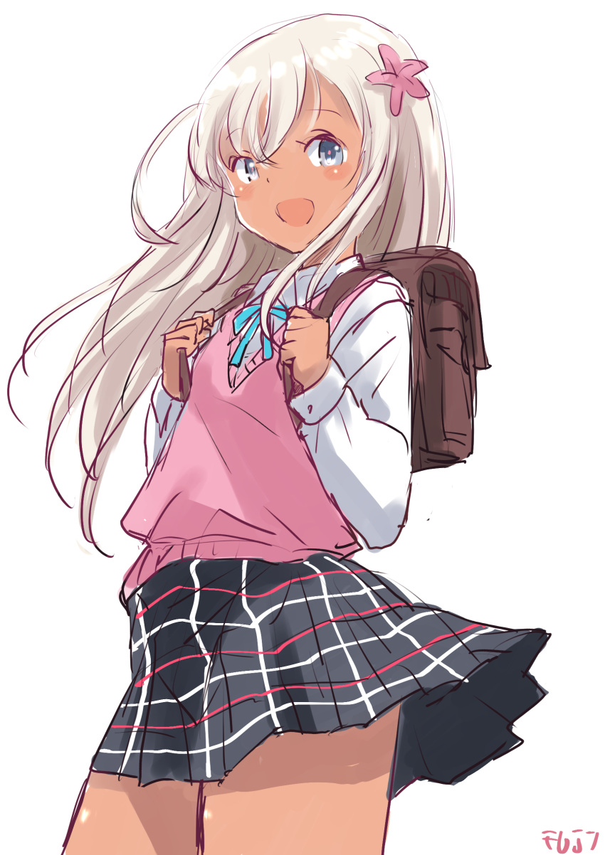 1girl alternate_costume bag black_skirt blonde_hair blue_eyes blush checkered_clothes checkered_skirt collared_shirt flower fuji_(pixiv24804665) hair_flower hair_ornament highres kantai_collection long_hair long_sleeves looking_at_viewer open_mouth ro-500_(kancolle) school_bag school_uniform shirt skirt smile solo tan tanlines vest white_shirt