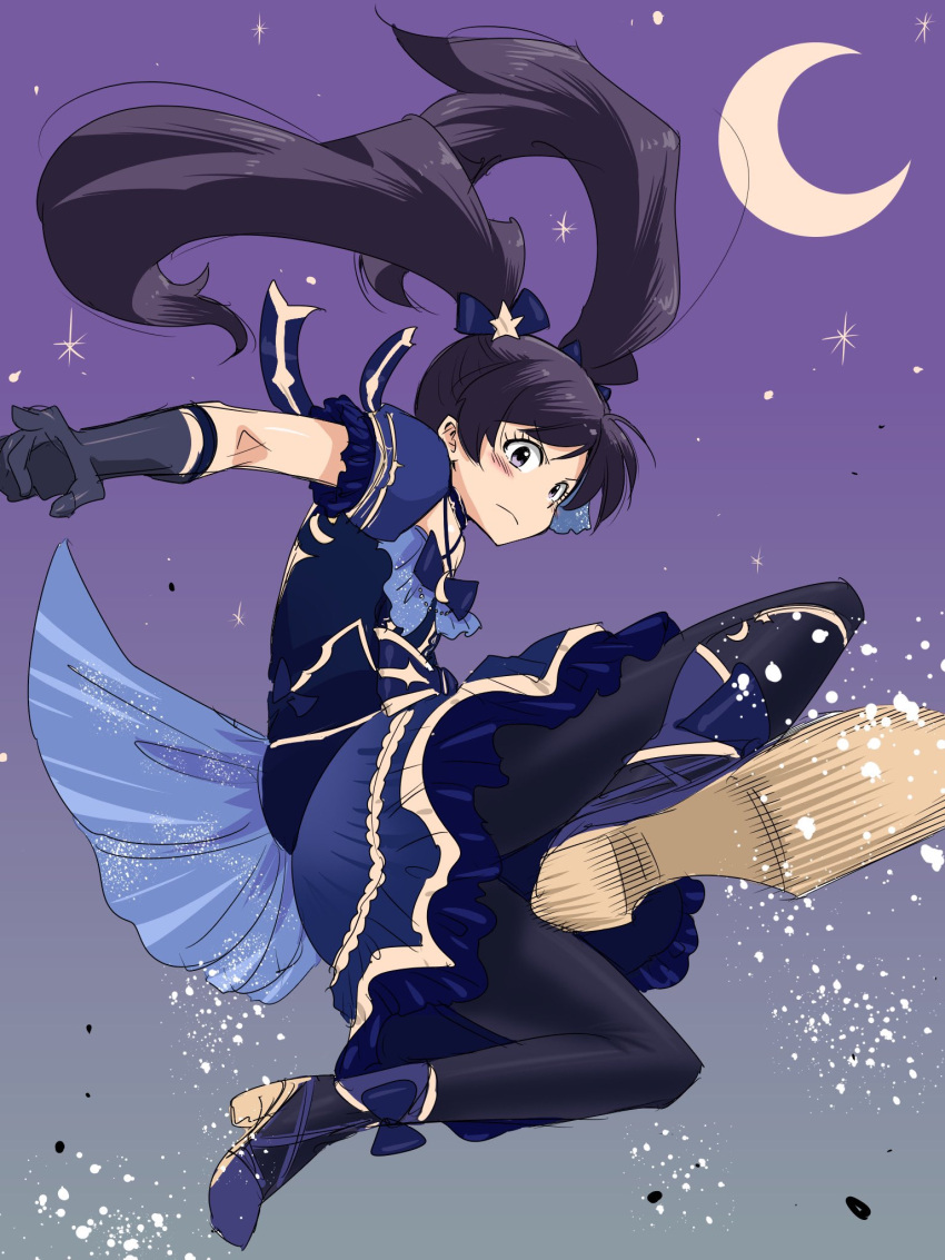 1girl angry black_hair black_pantyhose blush closed_mouth crescent_moon dot_nose dress emily_stewart fluffy_hair flying_kick frilled_dress frills hair_ornament highres idolmaster idolmaster_million_live! idolmaster_million_live!_theater_days jumping kicking looking_at_viewer matcha_kingyo moon night night_sky official_alternate_costume official_alternate_hairstyle pantyhose parted_bangs purple_eyes ribbon ribbon_shoes sidelocks sky solo star_(sky) starry_sky twintails v-shaped_eyebrows