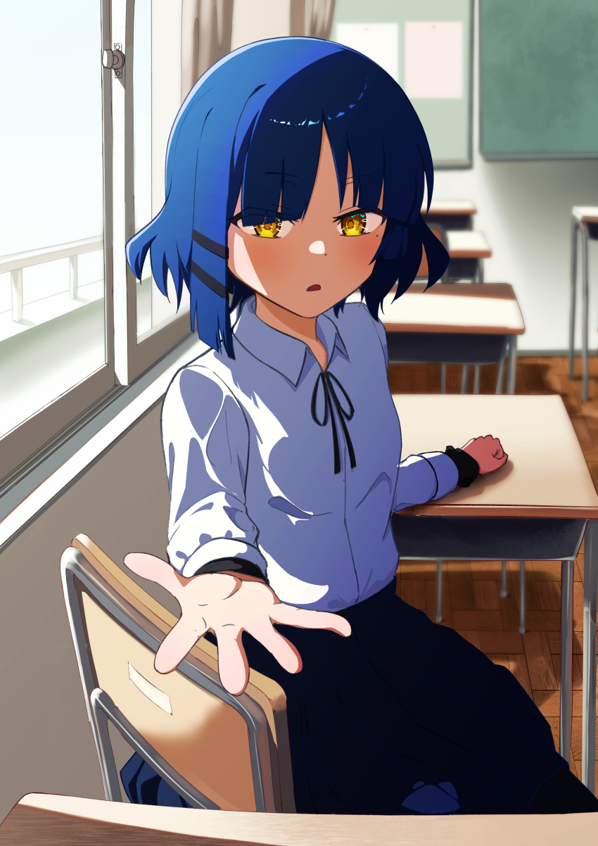 1girl absurdres blue_hair blush bocchi_the_rock! chair chalkboard classroom commentary desk english_commentary fukaikiri hair_ornament hairclip highres indoors looking_at_viewer outstretched_hand parted_lips school_chair school_desk shirt short_hair sitting solo upper_body white_shirt window yamada_ryo yellow_eyes