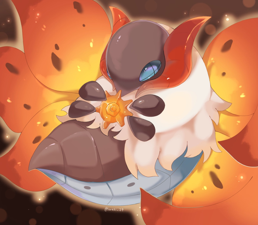 animal_focus aura blue_eyes bug commentary_request cross-shaped_pupils highres iwasi_29 moth multiple_wings no_humans pokemon pokemon_(creature) sun_stone symbol-shaped_pupils volcarona white_fur wings