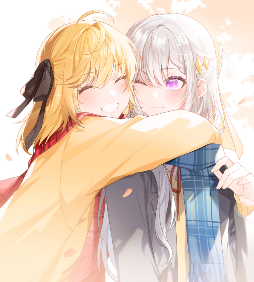 2girls ahoge alternate_costume anisphia_wynn_palettia arms_around_neck blazer blonde_hair blue_scarf blush closed_eyes commentary_request euphyllia_magenta grey_hair hair_between_eyes hair_ornament hair_ribbon highres hug jacket light_smile long_hair long_sleeves multiple_girls neck_ribbon one_eye_closed plaid purple_eyes red_ribbon red_scarf ribbon scarf school_uniform shirt shiyoi short_hair smile sweater_vest tensei_oujo_to_tensai_reijou_no_mahou_kakumei upper_body white_shirt yellow_jacket yellow_ribbon yuri