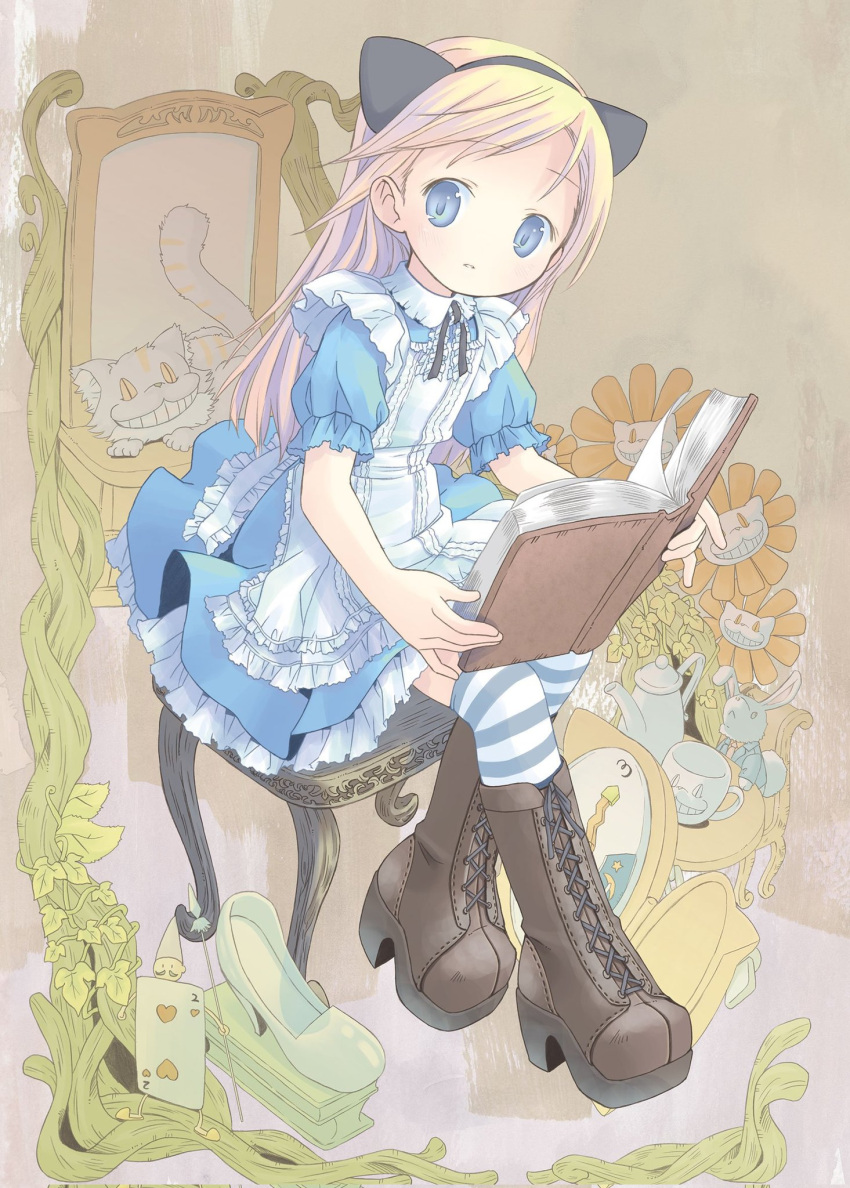 1girl alice_(alice_in_wonderland) alice_in_wonderland animal_ears apron blonde_hair blue_dress blue_eyes book boots card cat cat_ears chair cheshire_cat_(alice_in_wonderland) dress fake_animal_ears flat_chest frilled_dress frills full_body highres holding holding_book long_hair original playing_card pop_(electromagneticwave) rabbit sitting solo striped_clothes striped_thighhighs thighhighs white_rabbit_(alice_in_wonderland)