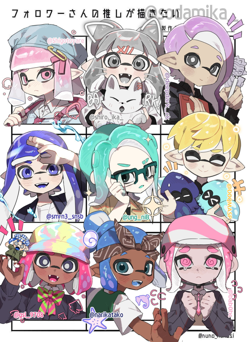 &gt;_&lt; 1boy 6+girls :d @_@ aqua-framed_eyewear aqua_eyes aqua_hair artist_name baseball_cap blonde_hair blue_eyes blue_hair blue_headwear blush bow bow_hairband brown_bow brown_hairband cat closed_eyes closed_mouth commentary dark-skinned_female dark_skin english_commentary eyebrow_cut fangs glasses grey_eyes grey_hair hair_bow hairband hat helmet highres holding holding_pen inkling inkling_boy inkling_girl inkling_player_character long_hair medium_hair multicolored_clothes multicolored_headwear multiple_drawing_challenge multiple_girls notice_lines nurse_cap octoling octoling_girl octoling_player_character octopus open_mouth pen pink_eyes pink_hair pointy_ears purple_hair short_hair smile sodamika splatoon_(series) squid tears teeth tentacle_hair thick_eyebrows translation_request twitter_username watermark