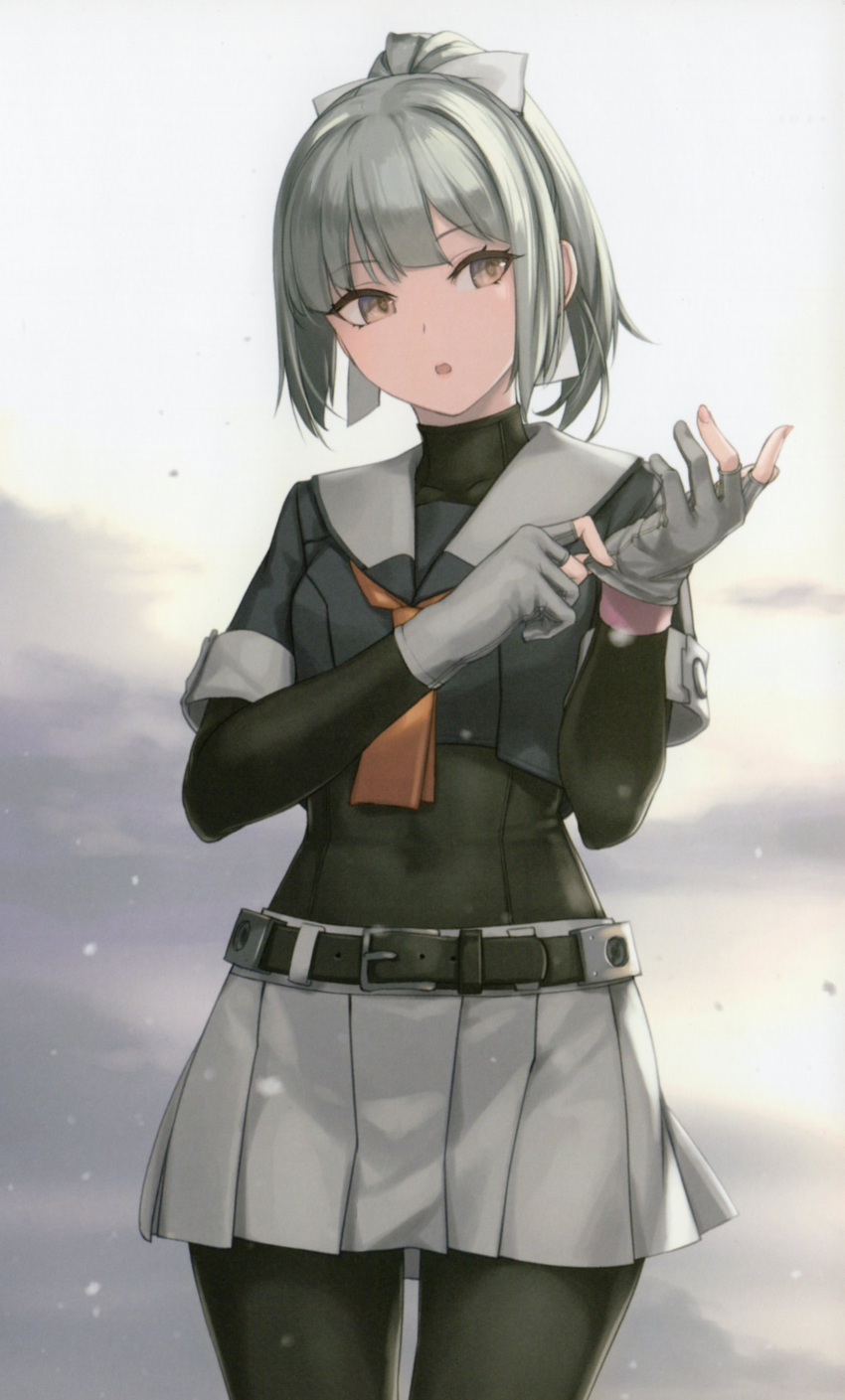 1girl absurdres belt black_pantyhose bodysuit bodysuit_under_clothes breasts comiket_100 crop_top gloves green_hair green_skirt grey_hair grey_sailor_collar grey_skirt hair_between_eyes hair_flaps hair_ribbon highres kantai_collection looking_at_another neckerchief necktie non-web_source open_mouth orange_neckerchief orange_necktie outdoors pantyhose partially_fingerless_gloves pleated_skirt ponytail ribbon rokuwata_tomoe sailor_collar scan school_uniform serafuku short_sleeves skirt small_breasts snow solo white_ribbon yuubari_(kancolle) yuubari_kai_ni_(kancolle)