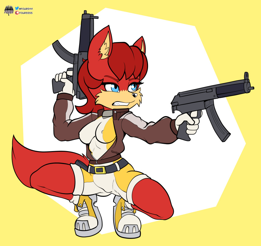 archie_comics belt blue_eyes bottomwear canid canine clothing crouching dual_wielding female fiona_fox footwear fours_(artist) fox fur gun hair hi_res holding_object holding_weapon hotpants jacket mammal ranged_weapon red_body red_fur red_hair sega shoes shorts solo sonic_the_hedgehog_(archie) sonic_the_hedgehog_(comics) sonic_the_hedgehog_(series) submachine_gun topwear weapon