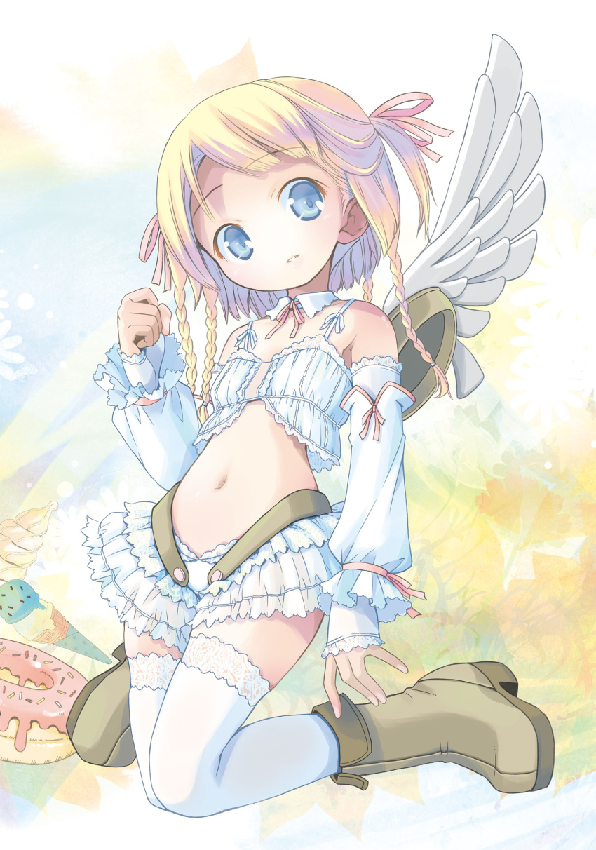 1girl absurdres angel angel_wings blonde_hair blue_eyes boots crop_top detached_sleeves doughnut flat_chest food frilled_skirt frills hair_ribbon highres kneeling looking_at_viewer miniskirt navel original pop_(electromagneticwave) quad_braids ribbon skirt solo thighhighs white_thighhighs white_wings wings zettai_ryouiki