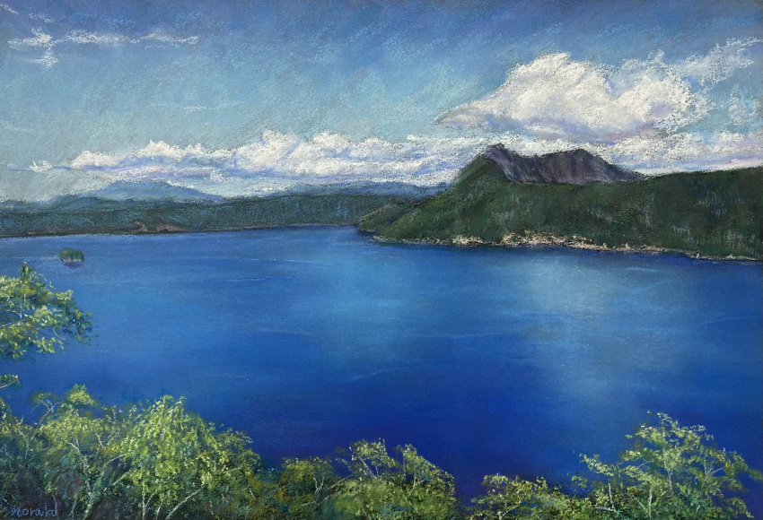 artist_name blue_sky cloud cloudy_sky day highres lake mountain mountainous_horizon no_humans norako_pastel original outdoors painting_(medium) pastel_(medium) scenery signature sky traditional_media tree water