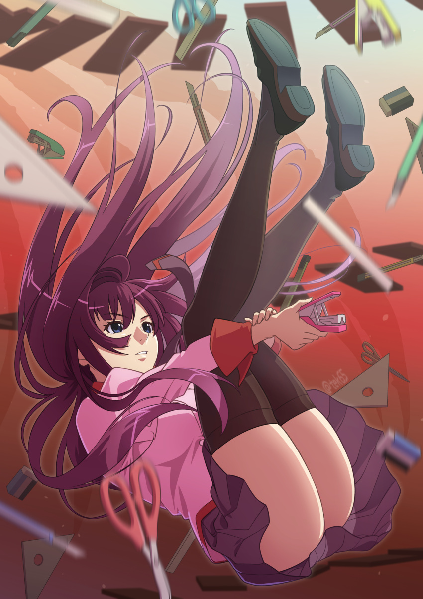 1girl absurdres ass bakemonogatari black_footwear black_thighhighs blue_eyes blurry boxcutter breasts collared_shirt commentary depth_of_field eraser floating_hair full_body girugiru_(tektonics6588) gradient_background highres holding hugging_own_legs juliet_sleeves knees_together_feet_apart legs legs_up long_hair long_sleeves looking_to_the_side medium_breasts midair monogatari_(series) naoetsu_high_school_uniform parted_lips pink_shirt pleated_skirt puffy_sleeves purple_hair purple_skirt red_background school_uniform scissors senjougahara_hitagi shadow shirt skirt solo stapler stationery thighhighs thighs very_long_hair