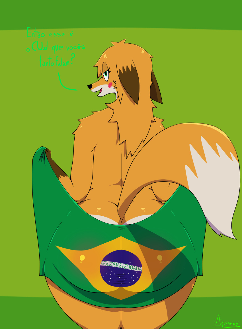 absurd_res agenexxthecat anthro arm_markings arm_tuft bia_(agenexxthecat) big_butt blush brazilian_flag brown_body brown_fur butt butt_markings canid canine curvy_figure dialogue ear_markings female flag fox fur green_eyes hi_res huge_butt looking_at_viewer mammal markings nude orange_body orange_fur pending pivoted_ears portuguese_text shoulder_tuft simple_background slightly_chubby solo tail tail_markings text tuft white_body white_fur