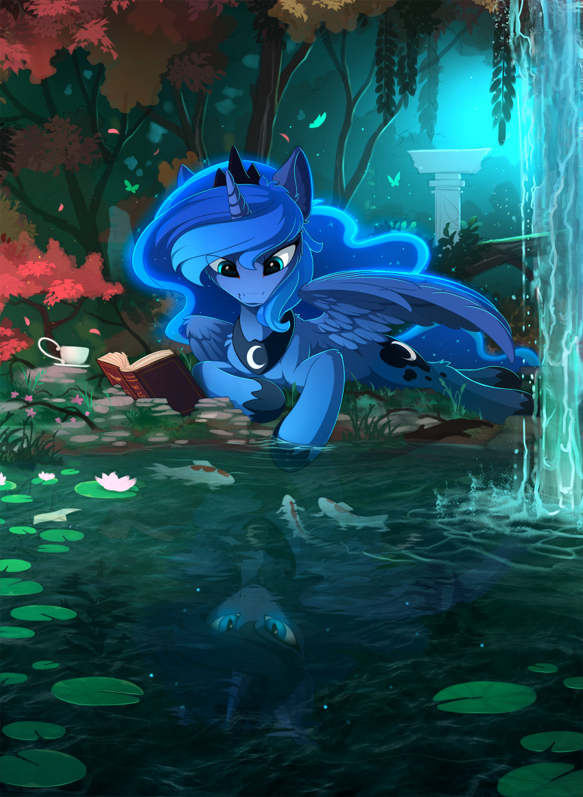 absurdres animal_focus blue_eyes blue_fur book bug butterfly commentary crescent cup different_reflection fish forest glowing glowing_hair highres horns koi lily_pad looking_down luna_(my_little_pony) lying my_little_pony my_little_pony:_friendship_is_magic nature no_humans open_book outdoors pegasus pegasus_wings pony_(animal) reflection reflective_water ripples single_horn tiara tree unicorn water waterfall winged_unicorn wings yakovlev-vad