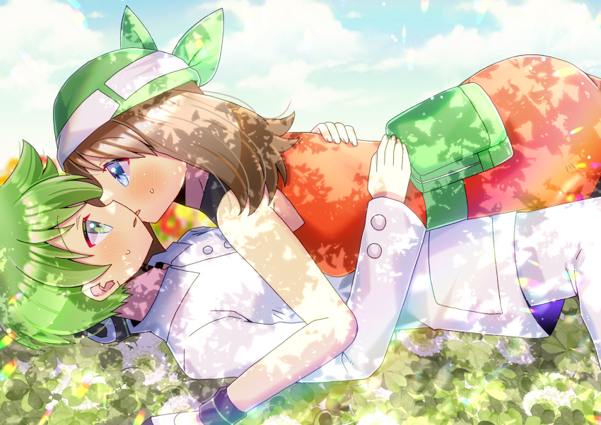 1boy 1girl bare_shoulders blue_eyes blue_sky blush brown_hair cloud cloudy_sky clover commission day dress eye_contact from_side girl_on_top green_eyes green_hair green_headwear highres jacket kou_hiyoyo long_sleeves looking_at_another lying may_(pokemon) on_back orange_dress outdoors pants parted_lips pixiv_commission pokemon pokemon_oras sky sleeveless sleeveless_dress sweat wally_(pokemon) white_jacket white_pants