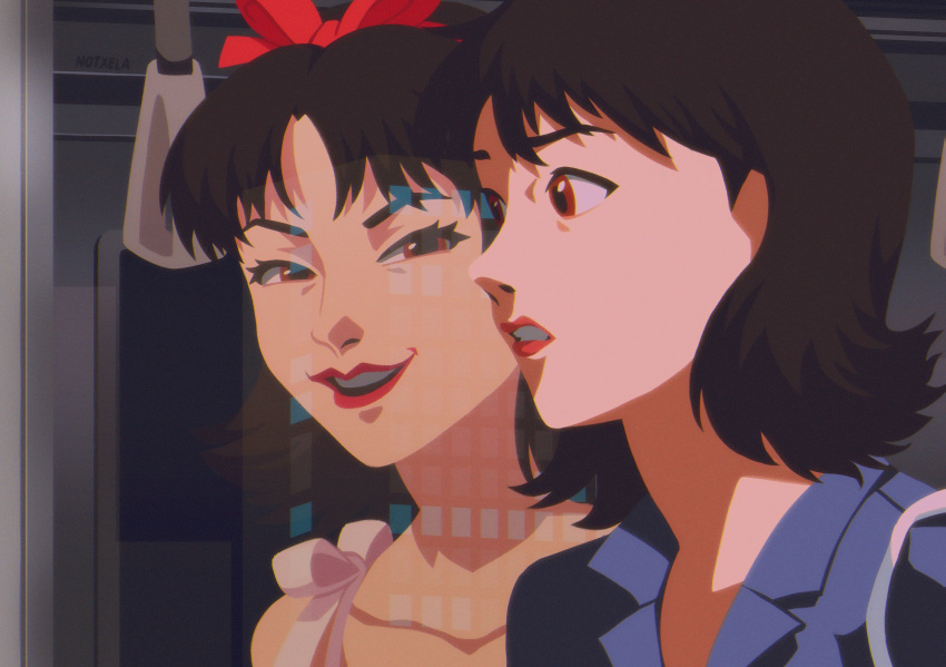 2girls bare_shoulders black_hair blue_shirt bow bow_hairband collarbone collared_shirt dual_persona english_commentary evil_smile hairband highres kirigoe_mima looking_at_another mirror multiple_girls perfect_blue pink_bow red_bow red_eyes red_hairband red_lips reflection shirt short_hair smile standing teeth upper_body v-shaped_eyebrows xela