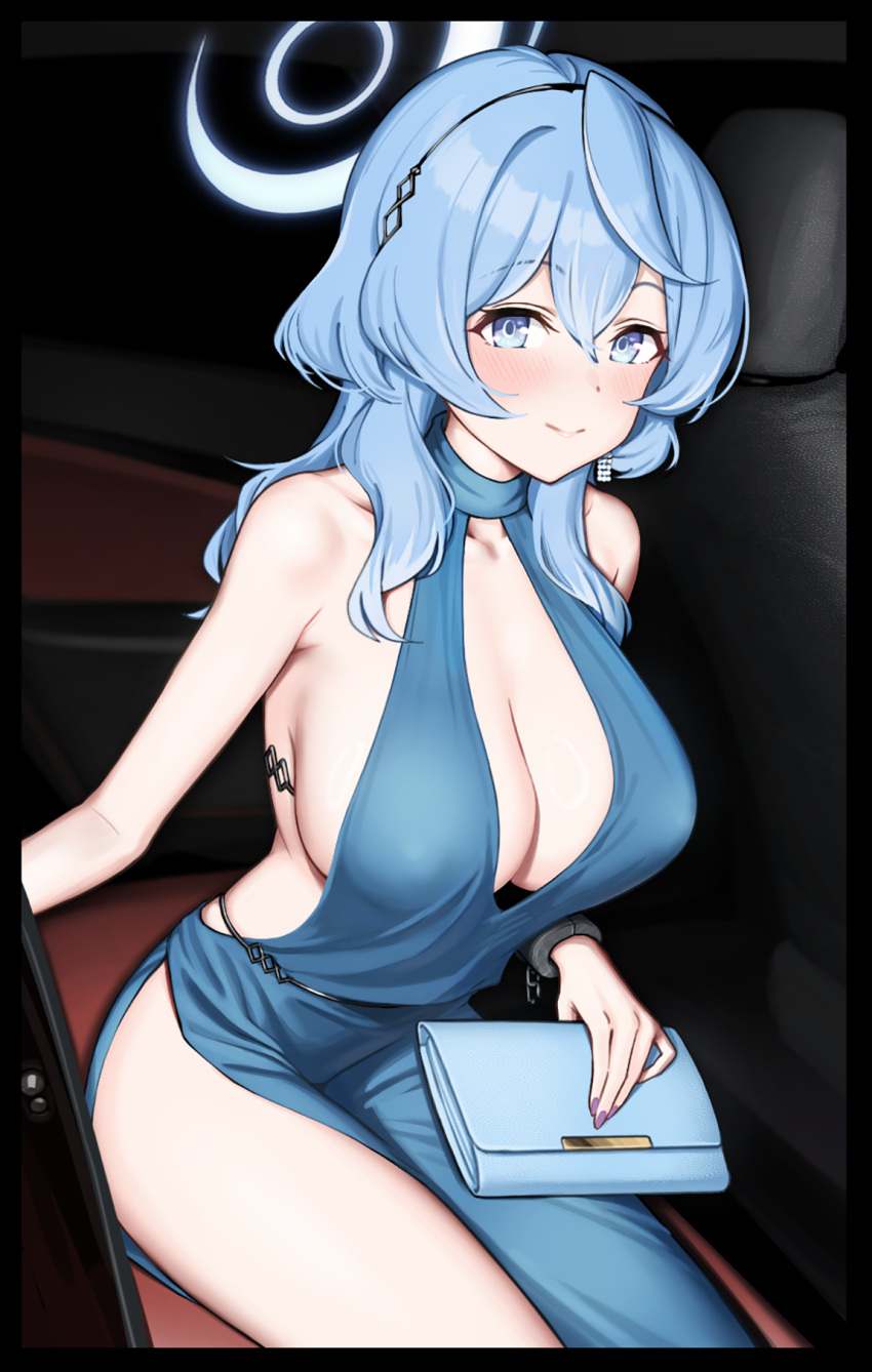 1girl ako_(blue_archive) ako_(dress)_(blue_archive) backless_dress backless_outfit bag bare_arms bare_shoulders blue_archive blue_dress blue_eyes blue_hair blue_halo blush breasts car_interior chagama_teishoku closed_mouth commentary_request dress hair_between_eyes hairband halo handbag highres large_breasts long_hair looking_at_viewer official_alternate_costume partial_commentary plunging_neckline sitting sleeveless sleeveless_dress smile solo