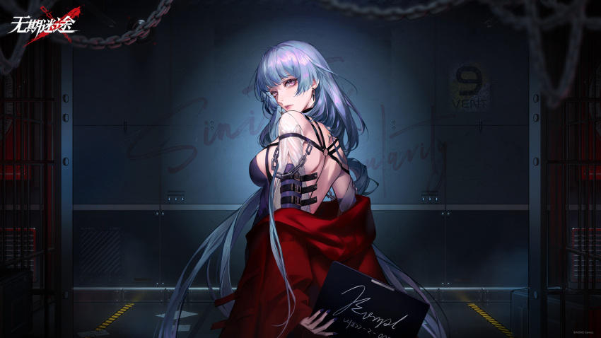 1girl arm_belt backless_dress backless_outfit bare_back bare_shoulders blue_hair blunt_bangs breasts bridal_gauntlets chain copyright_name dress earrings hamel_(path_to_nowhere) highres holding holding_sign indoors jacket jewelry logo long_hair long_sleeves looking_at_viewer looking_back medium_breasts mugshot off_shoulder official_art official_wallpaper path_to_nowhere pink_eyes pink_lips prison_cell prison_clothes purple_bridal_gauntlets purple_dress purple_nails red_jacket sign solo turning_head upper_body very_long_hair