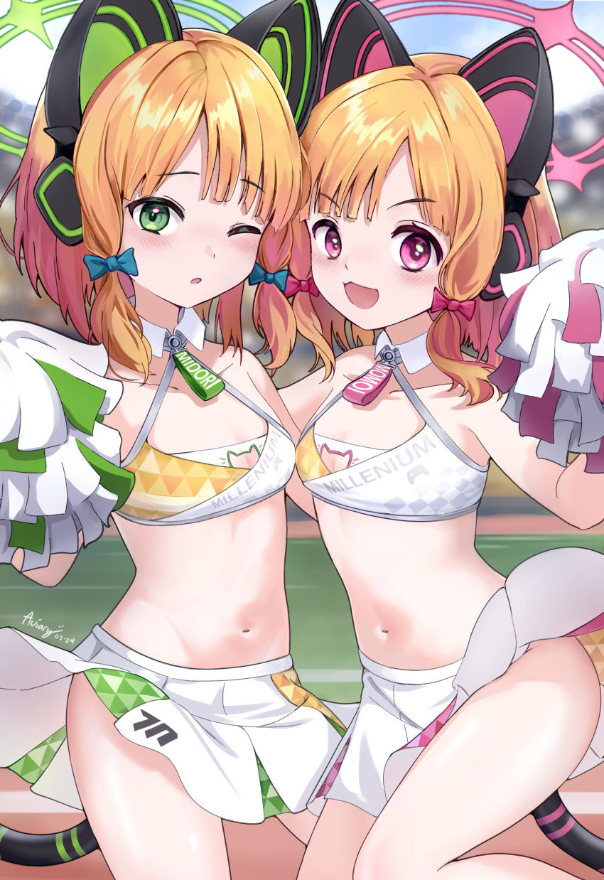 2girls :o absurdres alternate_costume animal_ear_headphones animal_ears artist_name aviary bare_shoulders black_tail blonde_hair blue_archive blue_bow blush bow breasts cat_ear_headphones cat_tail cheerleader clothes_lift collar cowboy_shot crop_top detached_collar dot_nose english_commentary fake_animal_ears green_eyes green_halo hair_bow halo headphones highres holding holding_pom_poms looking_at_viewer medium_hair midori_(blue_archive) midriff momoi_(blue_archive) multiple_girls name_tag navel one_eye_closed open_mouth parted_bangs pink_eyes pink_halo pom_pom_(cheerleading) shirt siblings skirt skirt_lift small_breasts tail thighs twins white_collar white_shirt white_skirt